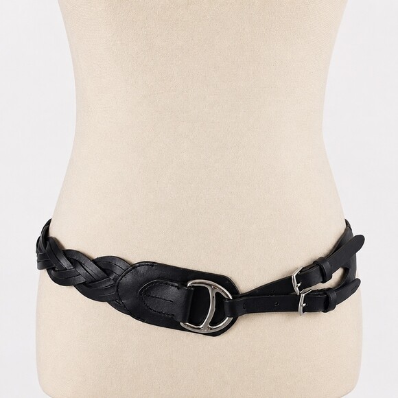 Ralph Lauren Tri-Strap Stirrup Buckle Belt Black Braided Leather Womens Medium